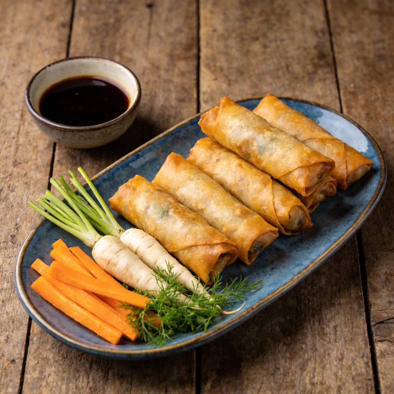 春卷配蔬菜蘸酱图片
