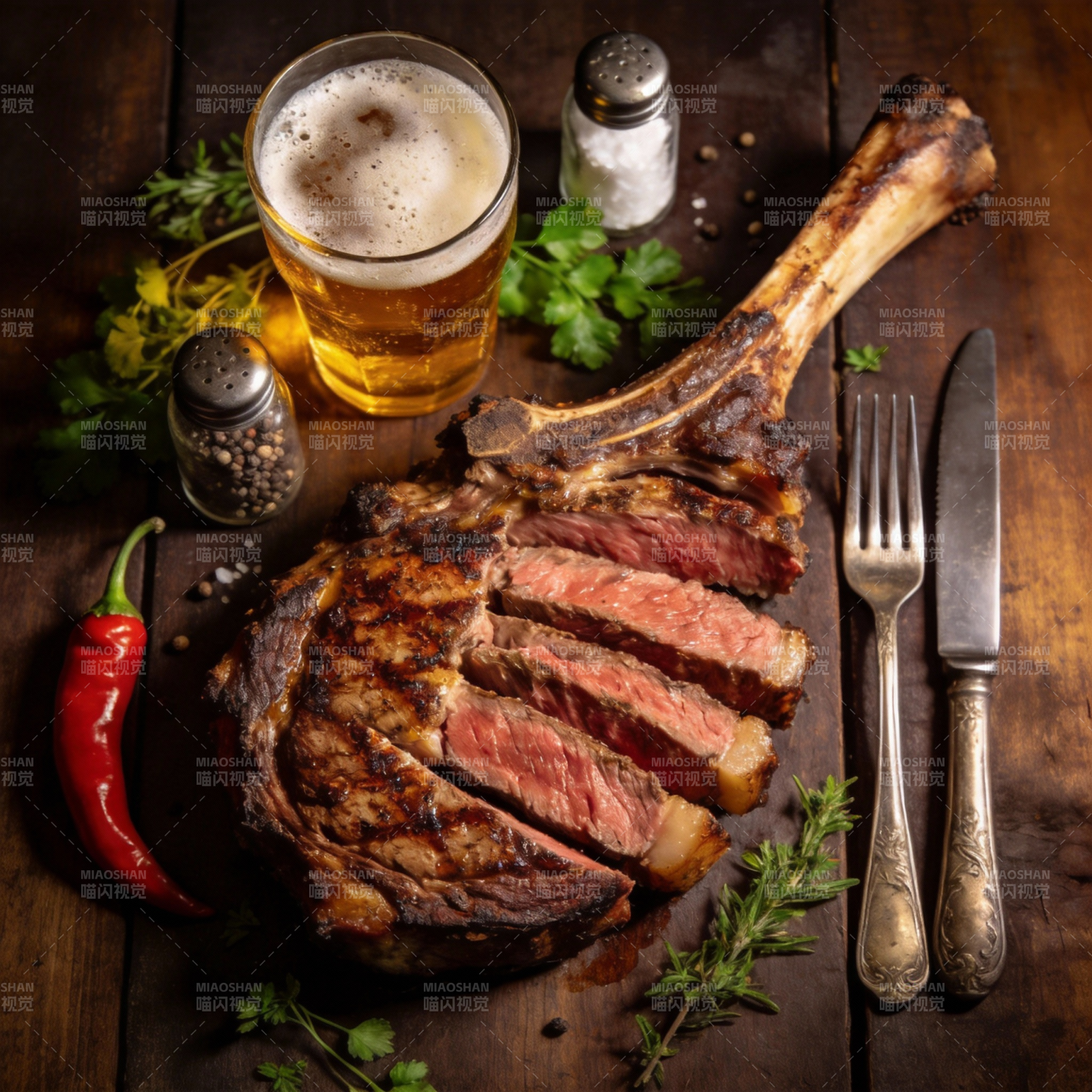 香煎牛排配啤酒图片