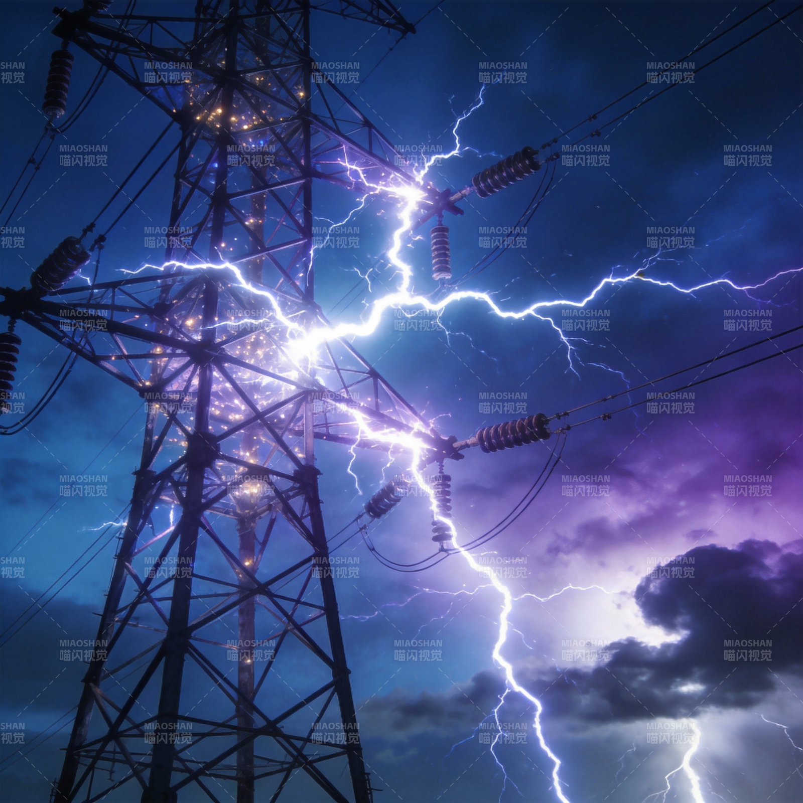 雷电击中高压塔图片