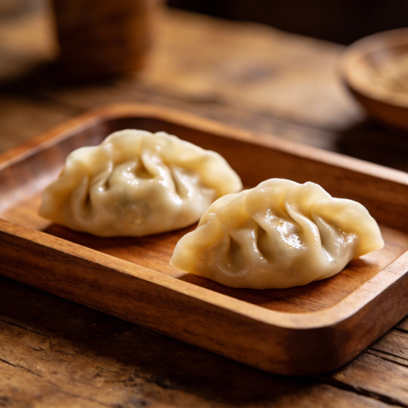 木盘上的两颗饺子图片