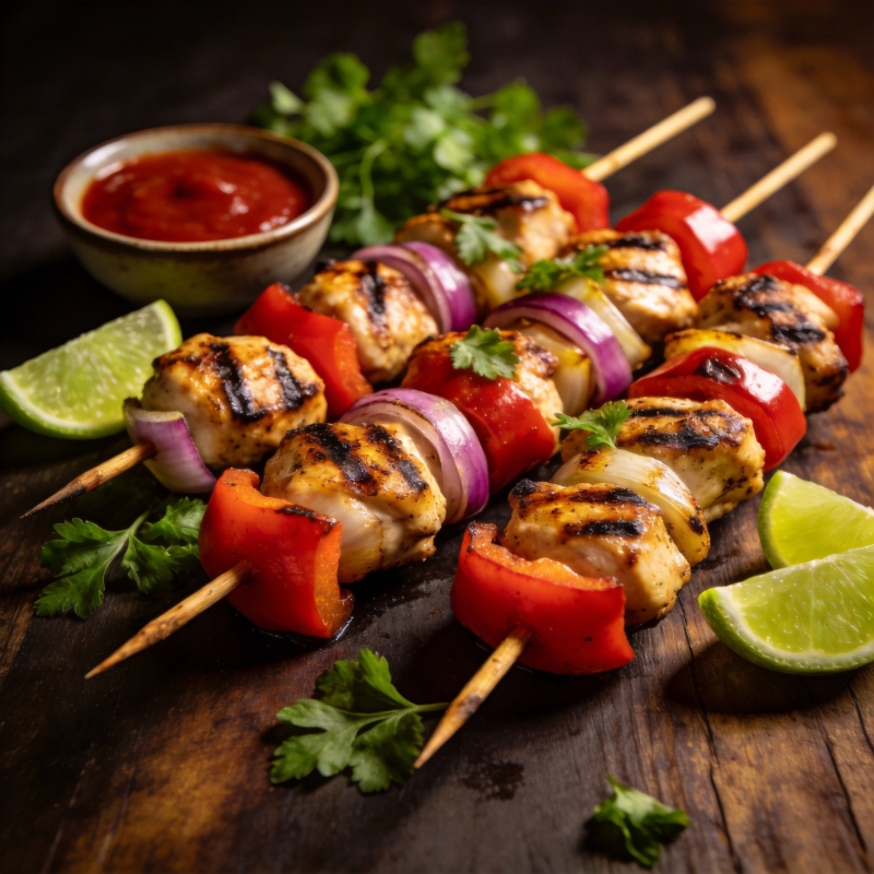 烤鸡肉串配彩椒图片