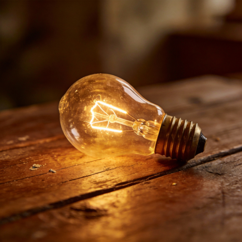 暖光灯泡静置木桌图片