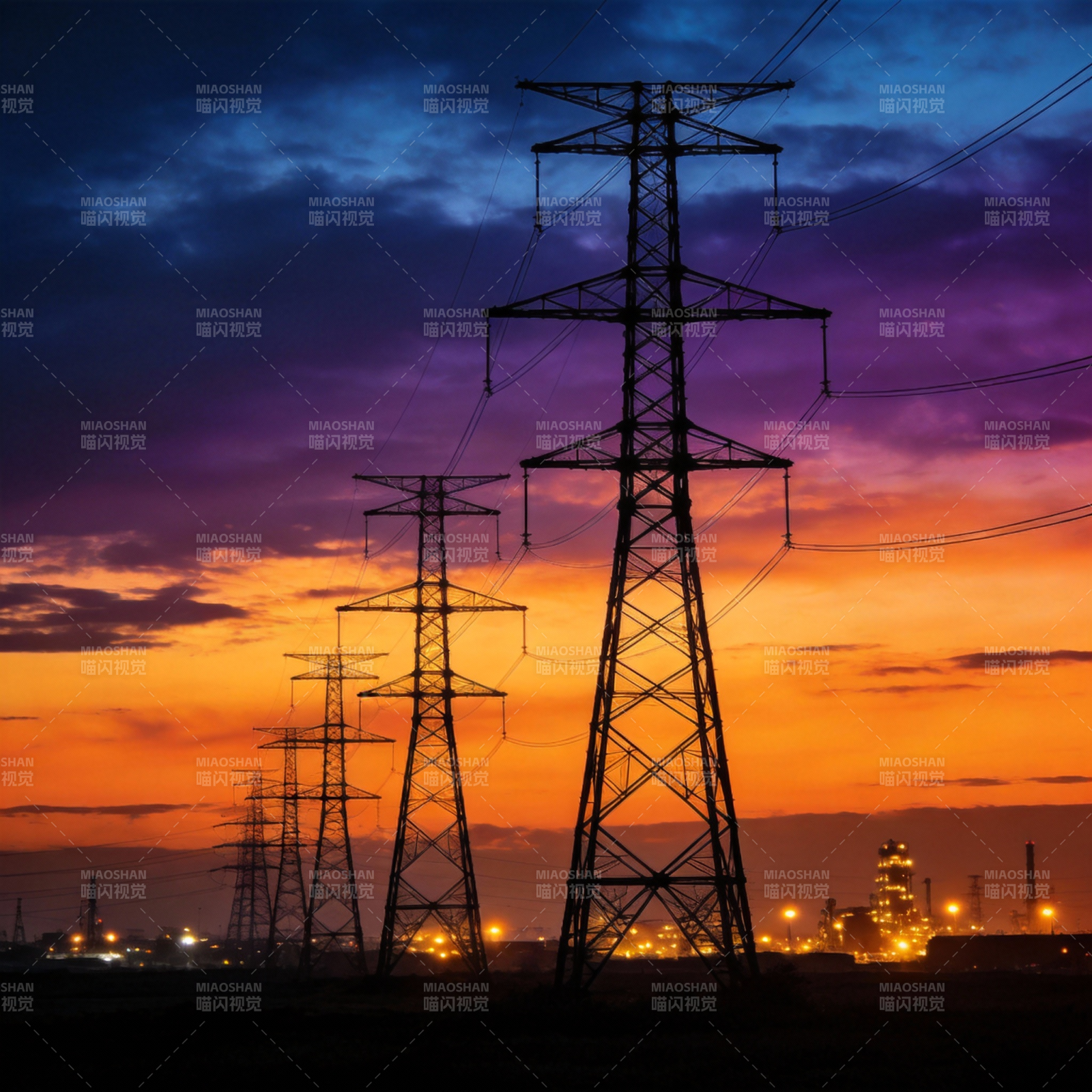 电塔剪影映晚霞图片
