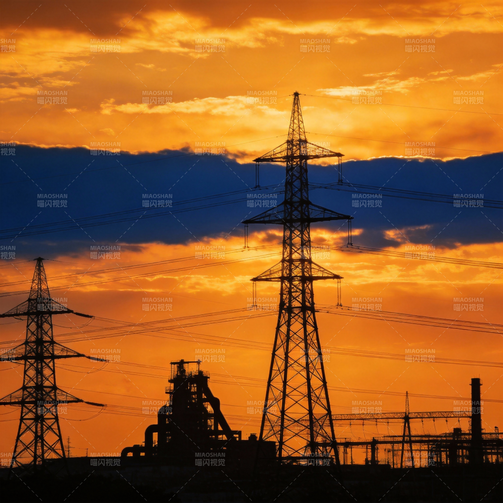 夕阳下的电力塔图片