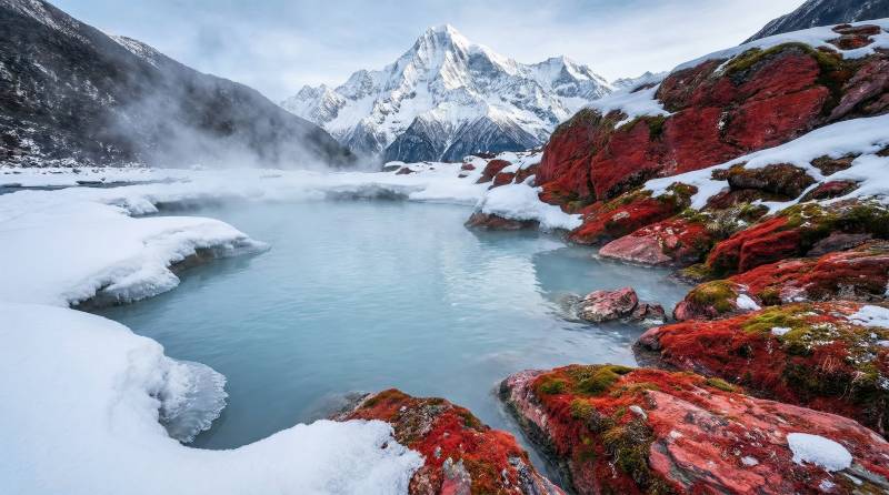 雪山冰湖红岩图片