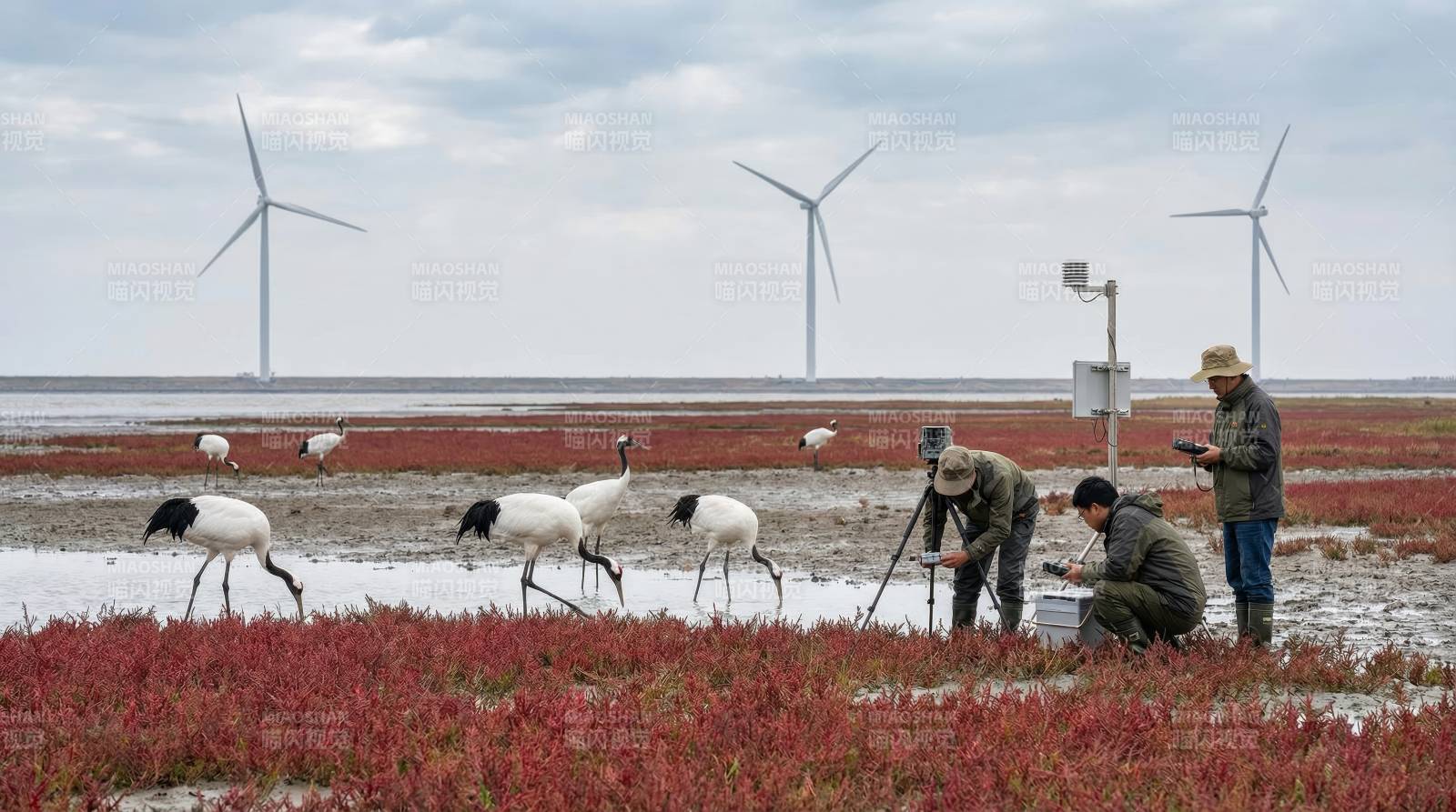 湿地科研与风车共景图片