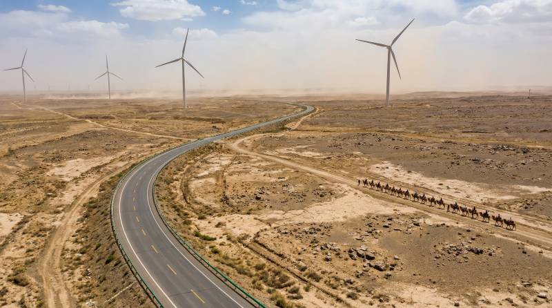 沙漠风电与驼队图片