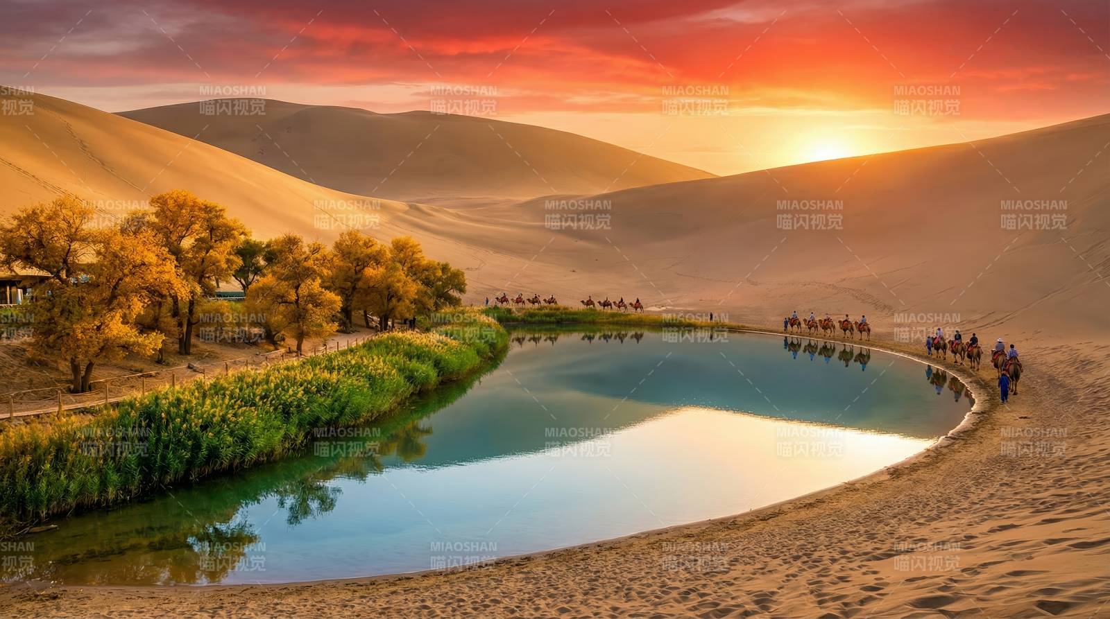 沙漠绿洲日落图片