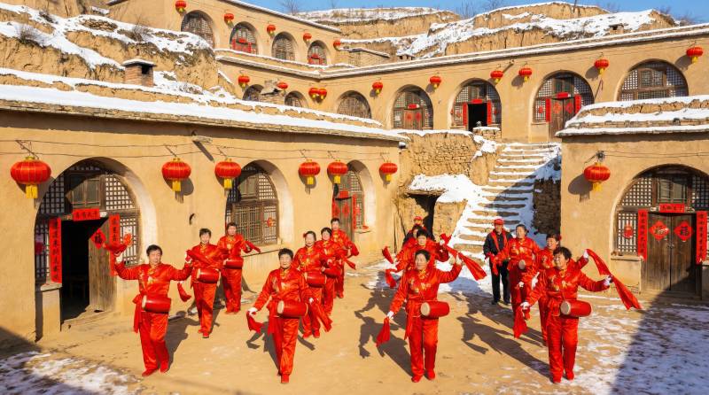 雪地红装舞欢庆图片