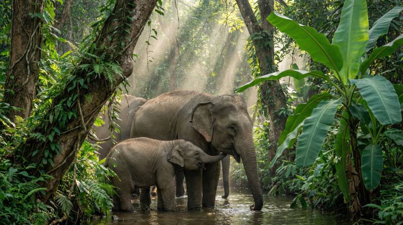 丛林象群沐浴晨光图片