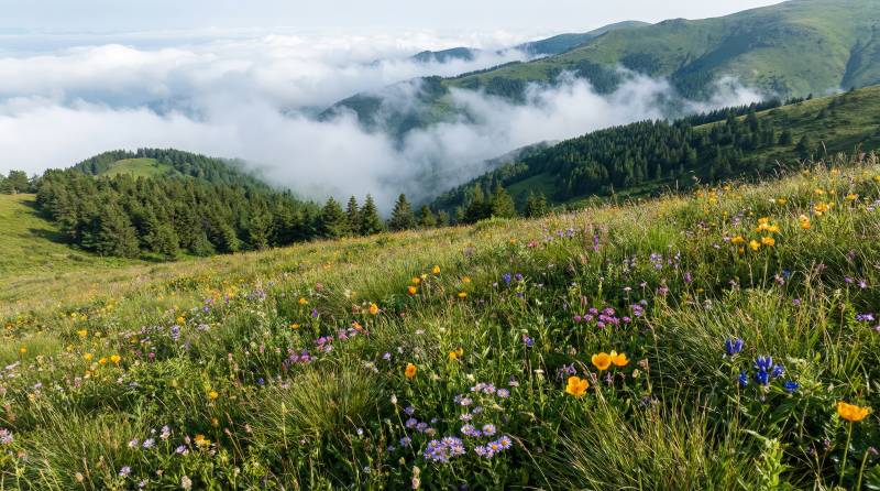 高山花海云雾缭绕图片