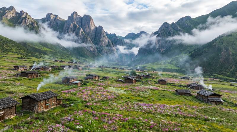山间花海木屋图片
