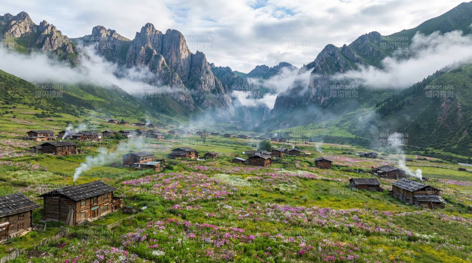 山间花海木屋图片
