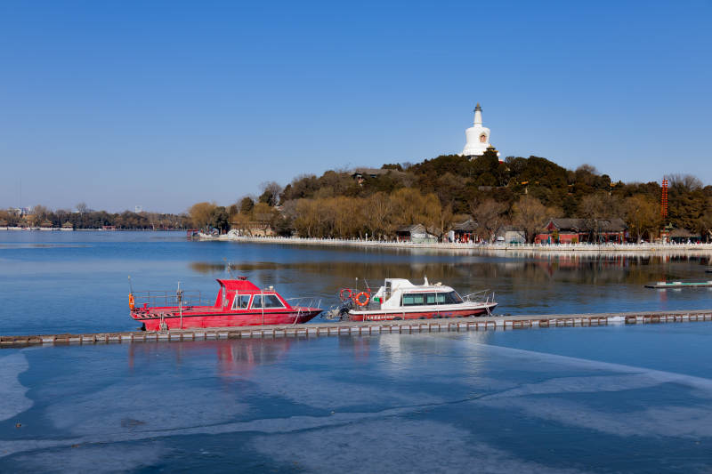 湖畔游船与白塔—北海公园图片