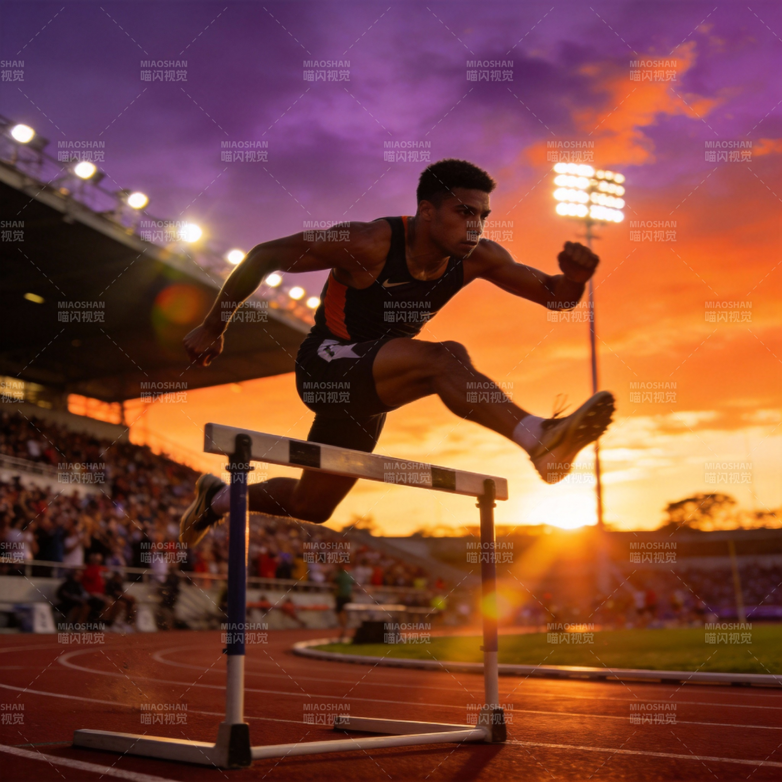 跨栏飞驰夕阳下图片