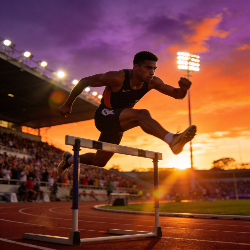 跨栏飞驰夕阳下图片