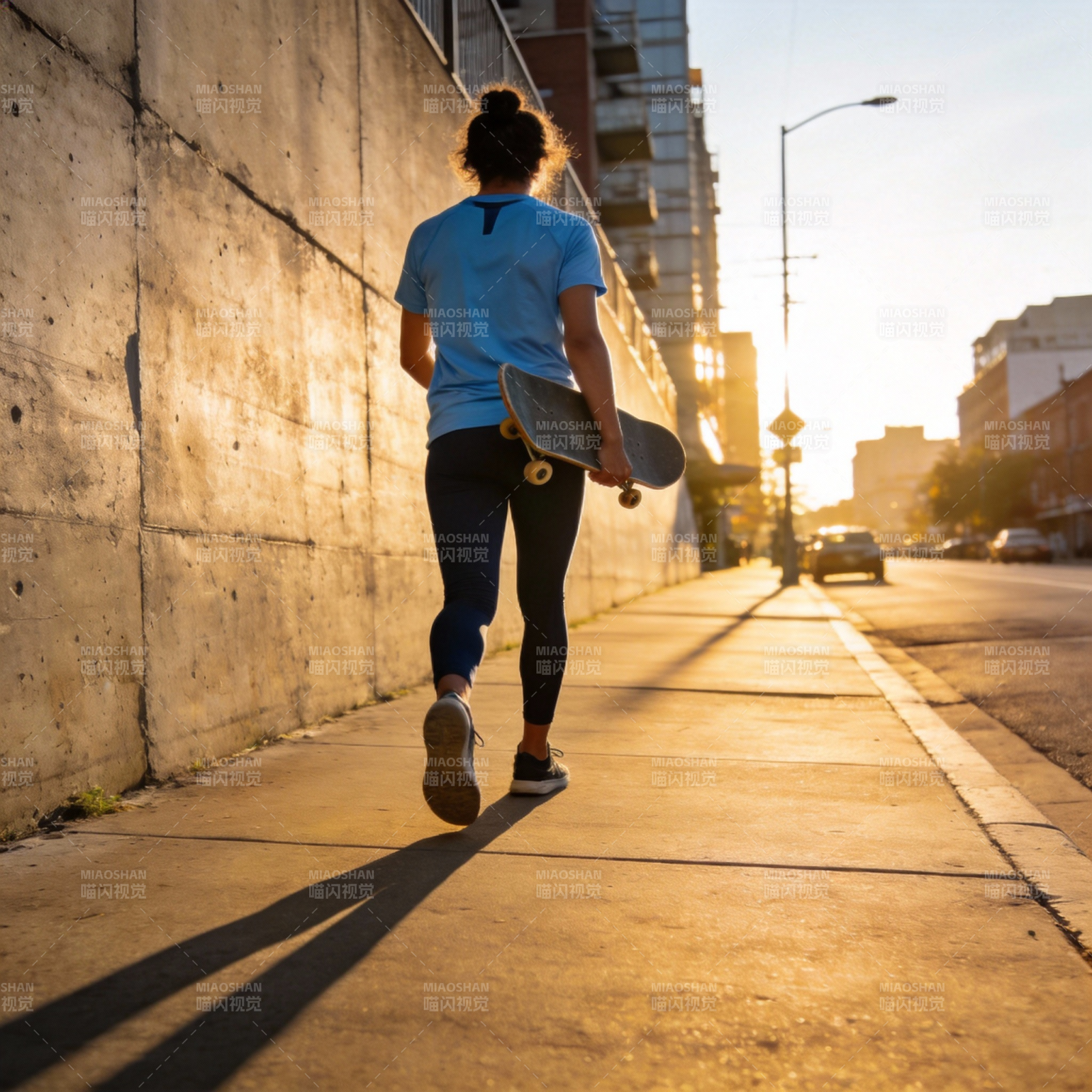 夕阳下的滑板女孩图片