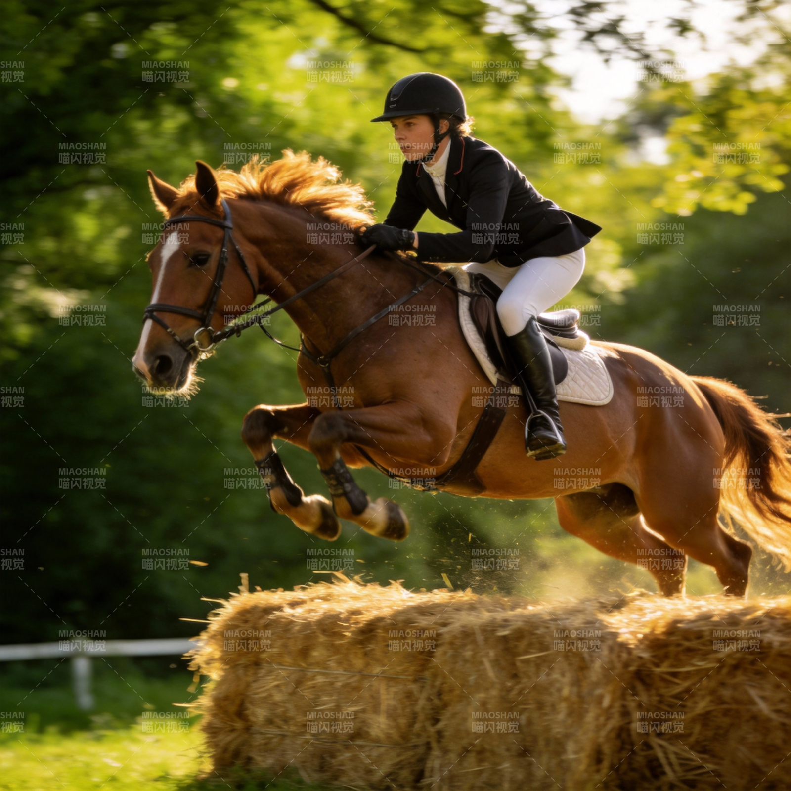 骏马飞跃草垛图片
