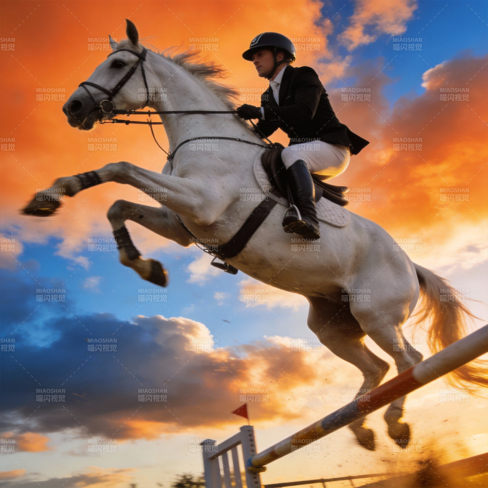 飞跃夕阳的骑手图片