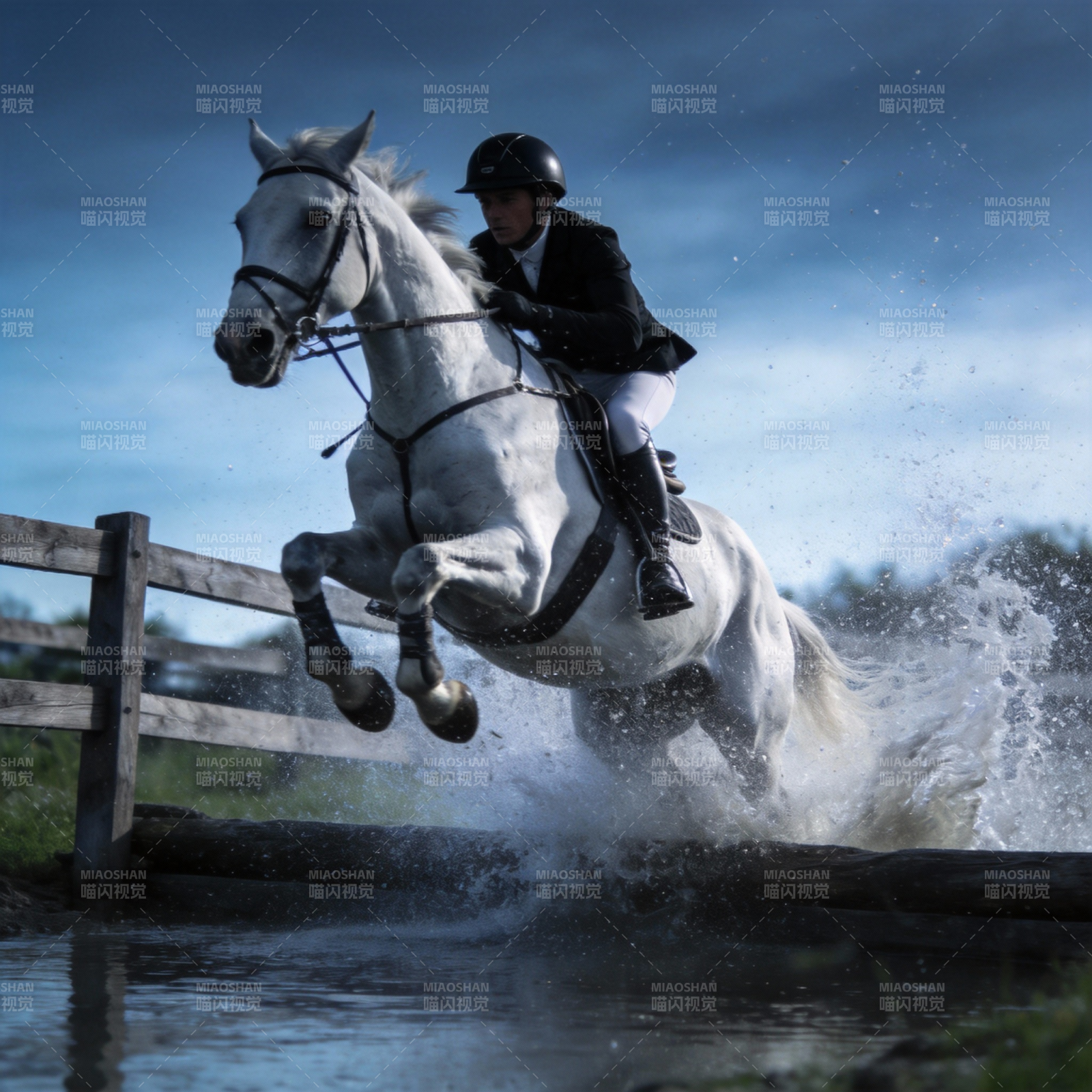 骏马飞跃水障图片