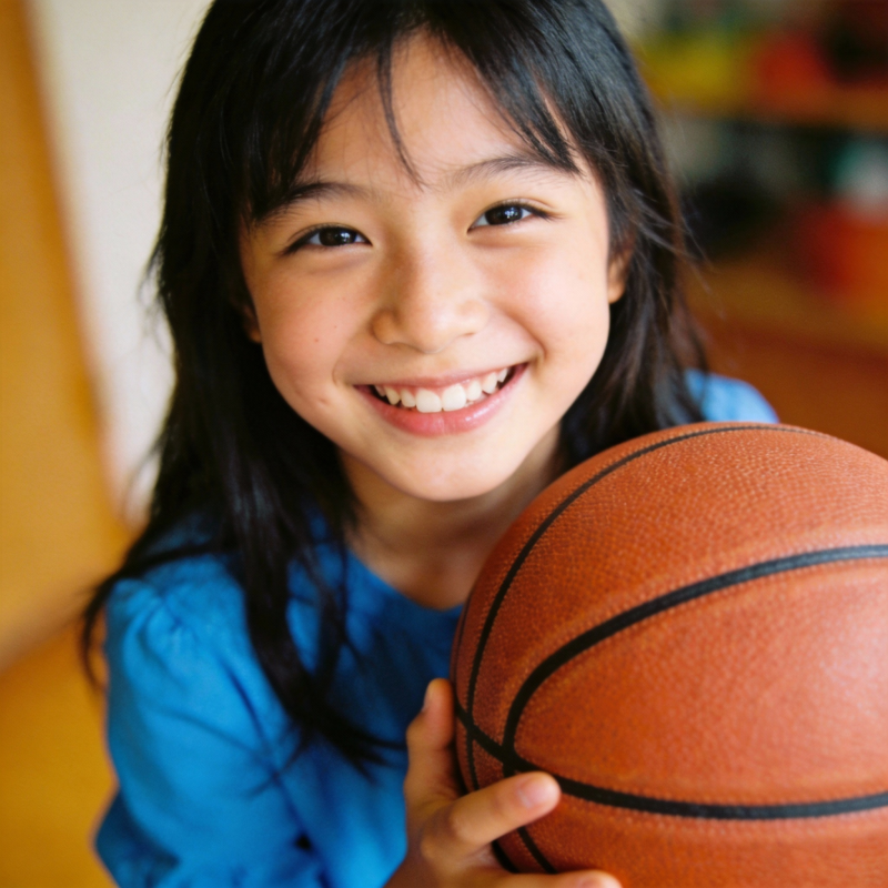 小女孩笑持篮球图片