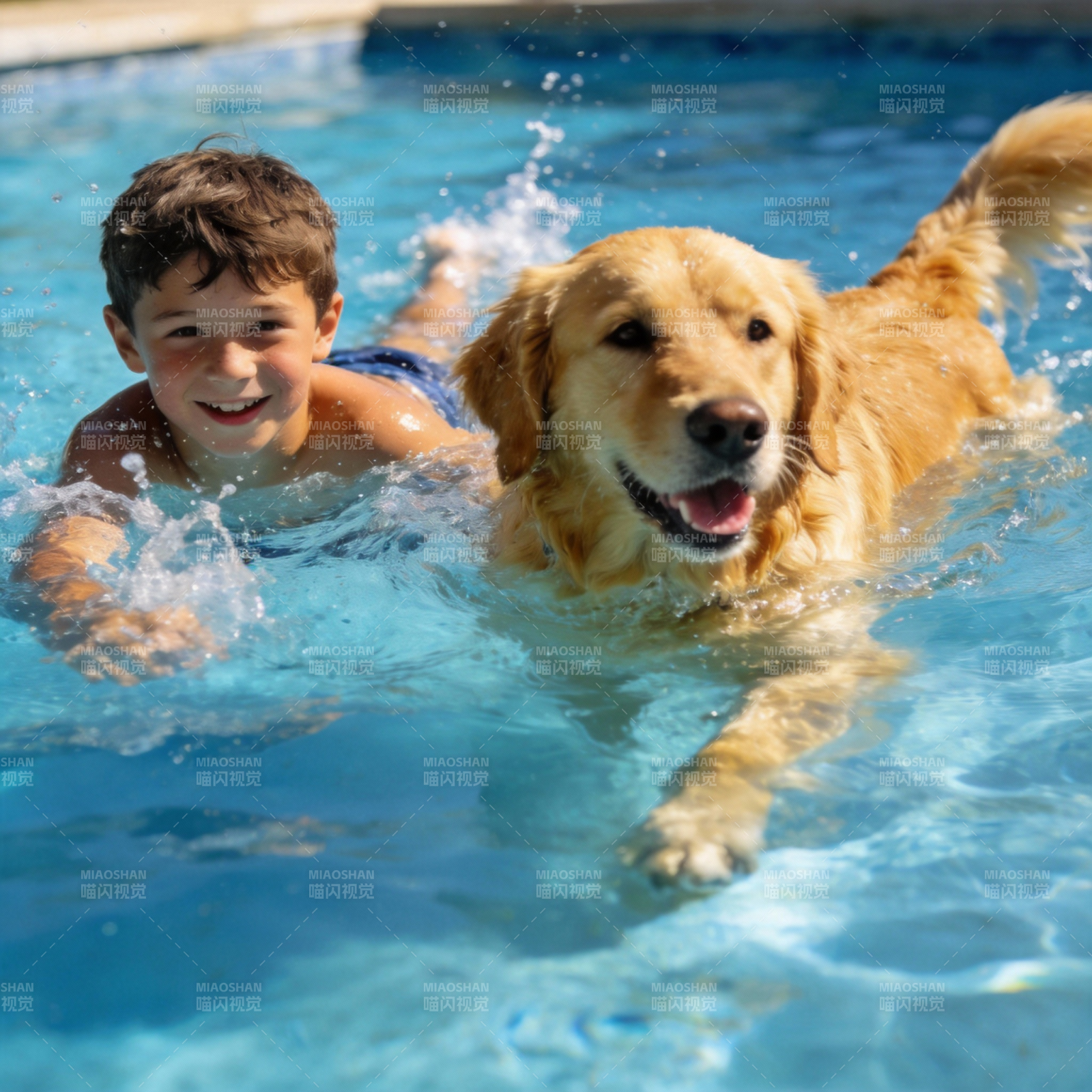 男孩与金毛泳池嬉戏图片