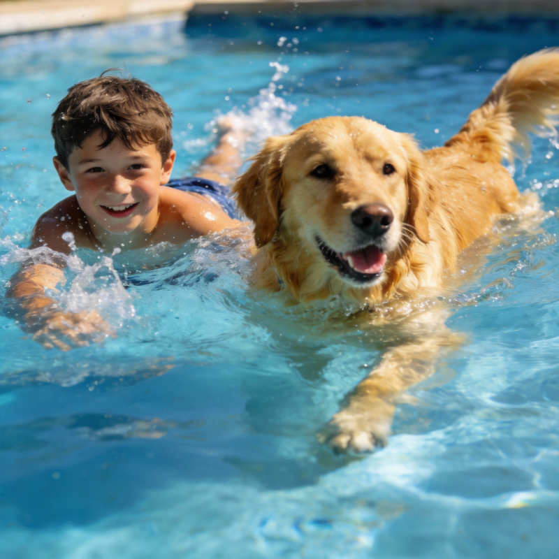男孩与金毛泳池嬉戏图片