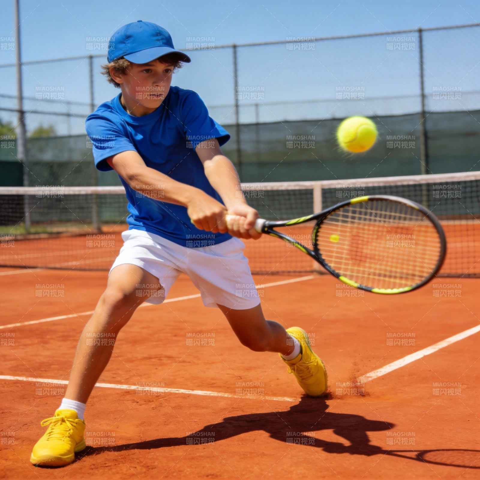 少年挥拍击球图片