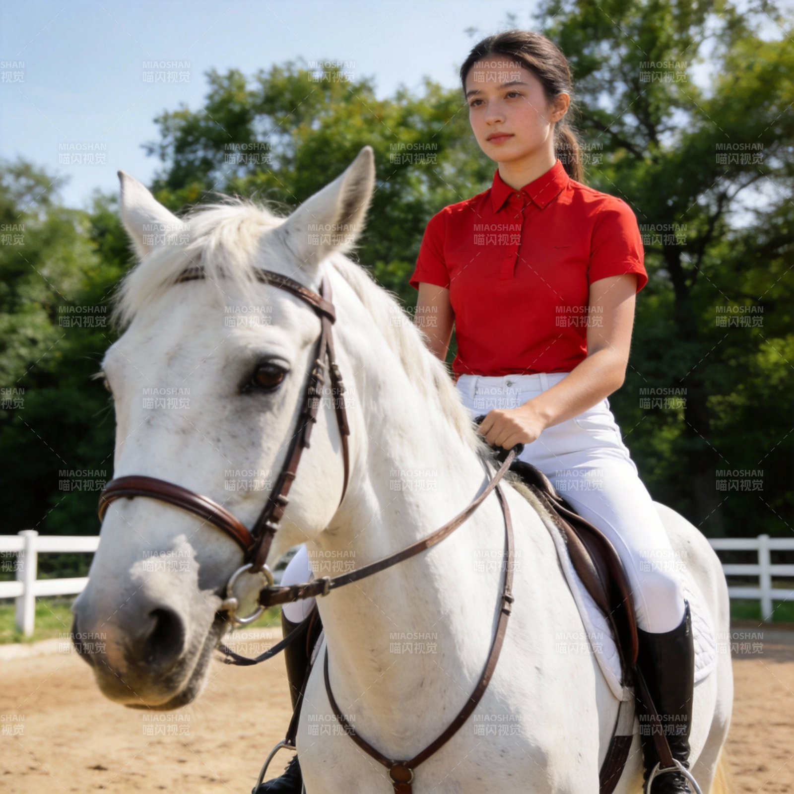 红衣少女骑白马图片