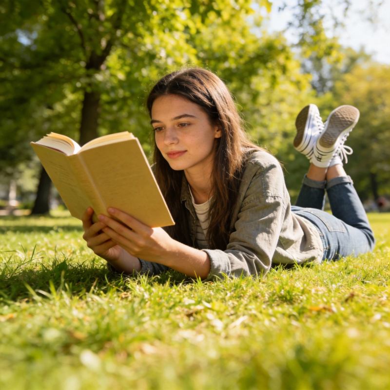 草地上读书的女孩图片