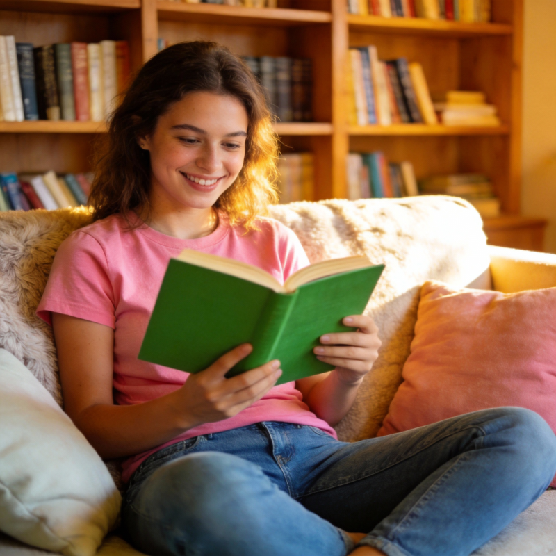 少女沙发读书微笑图片