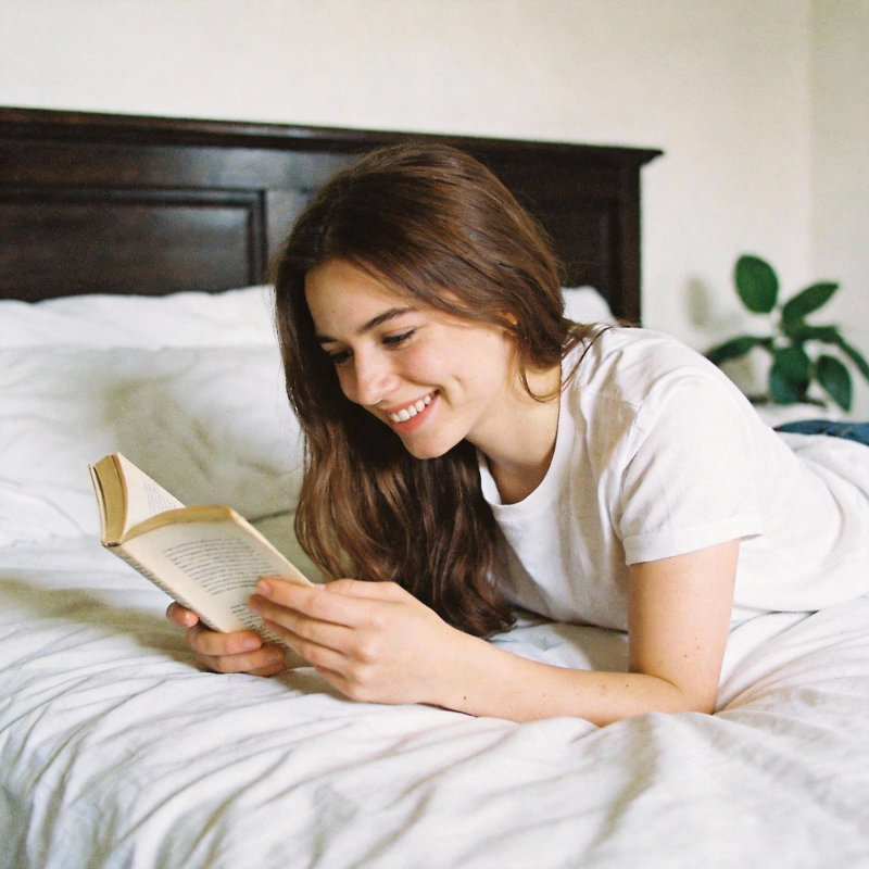 床上阅读的微笑女孩图片
