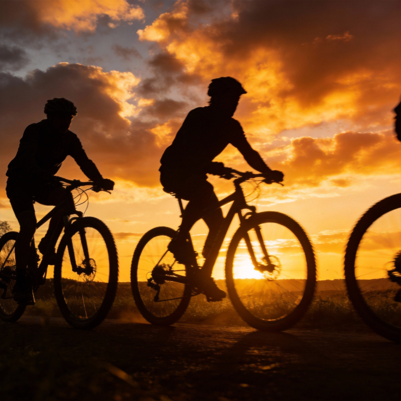 夕阳下的骑行剪影图片