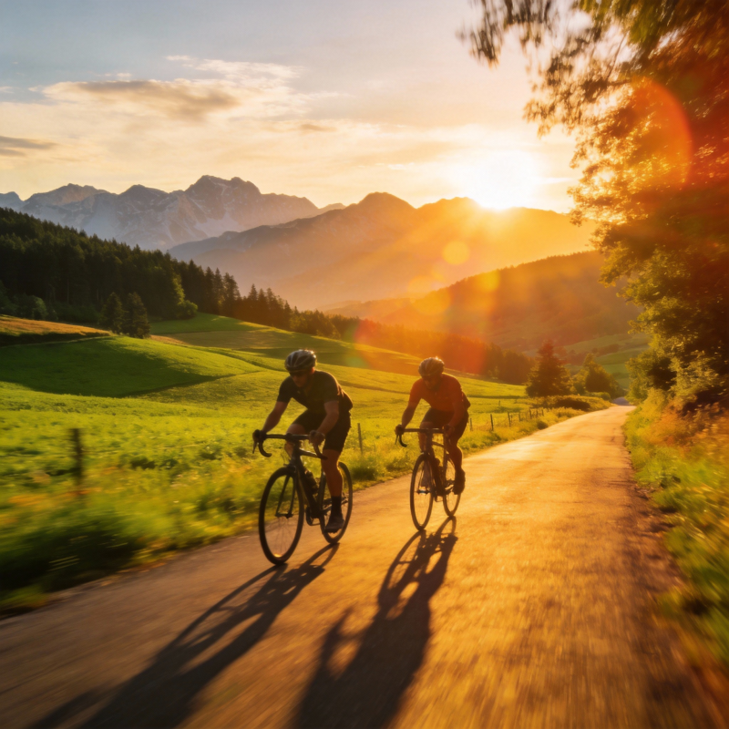 骑行山间夕阳图片