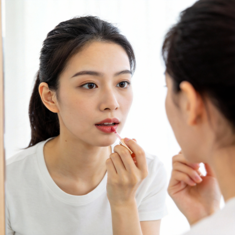 镜前涂唇膏图片