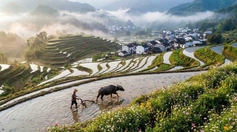 梯田晨耕图图片