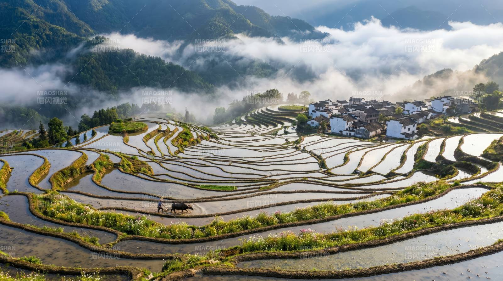 梯田晨雾绕山村图片