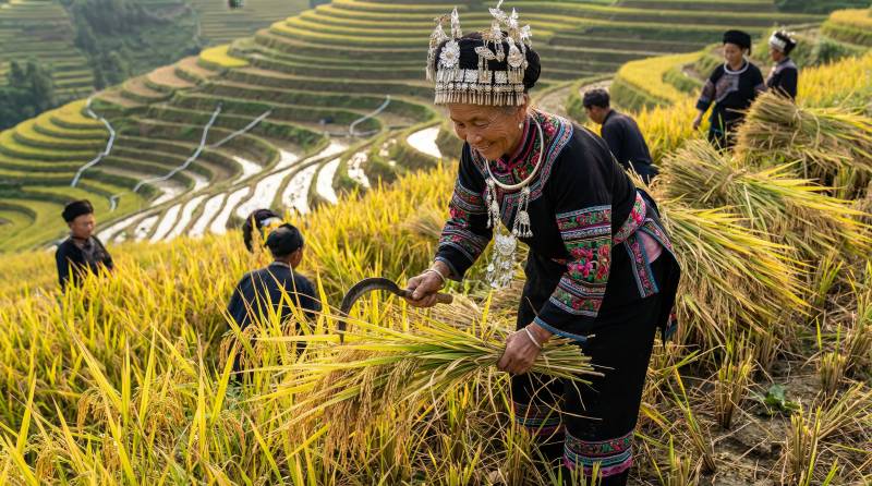 梯田秋收忙图片