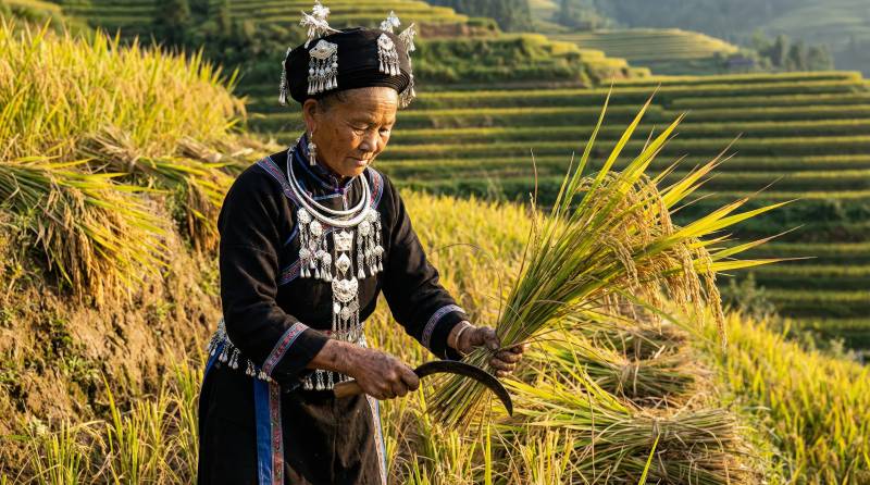 稻田收割的老人图片