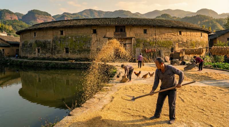 客家围屋晒谷忙图片