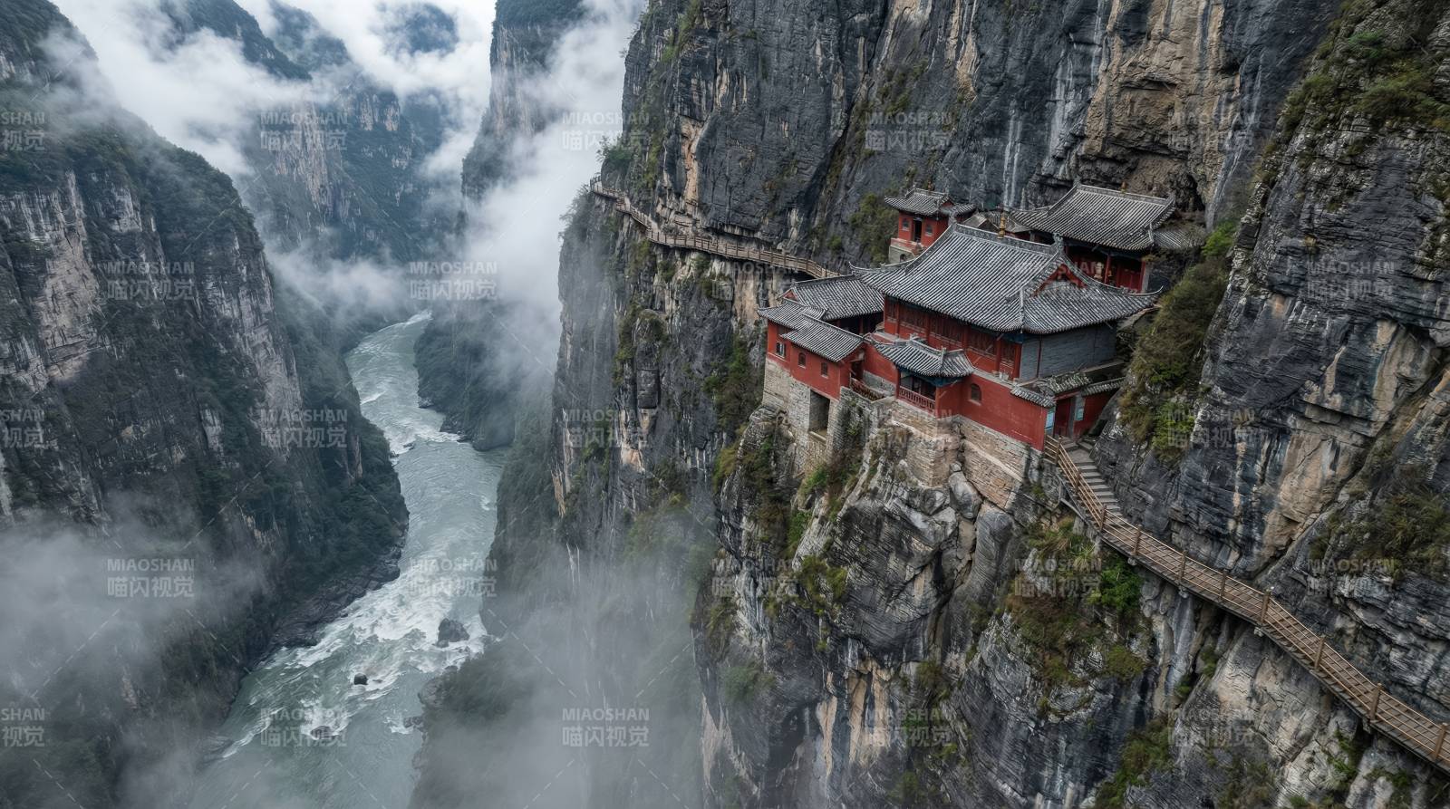悬崖古寺云雾缭绕图片