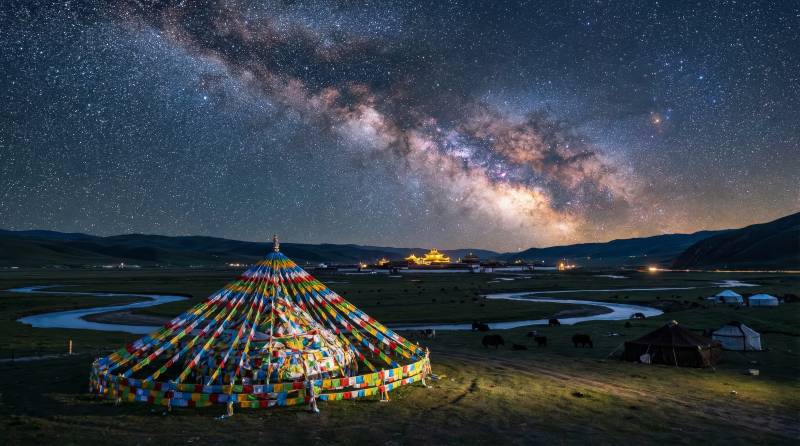 星空下的彩色帐篷图片