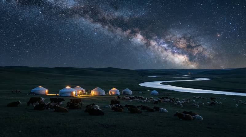 星空下的草原毡房图片