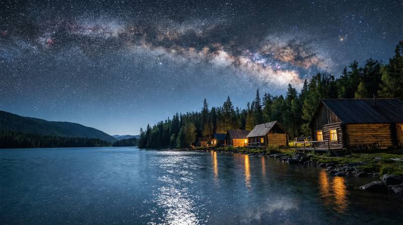 星河湖畔木屋夜景图片