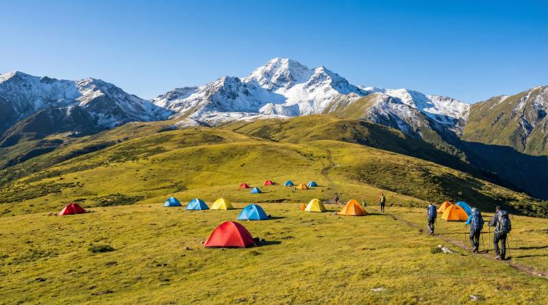雪山下的彩色帐篷图片