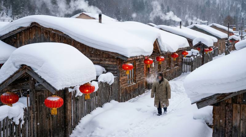 雪乡红灯映冬景图片