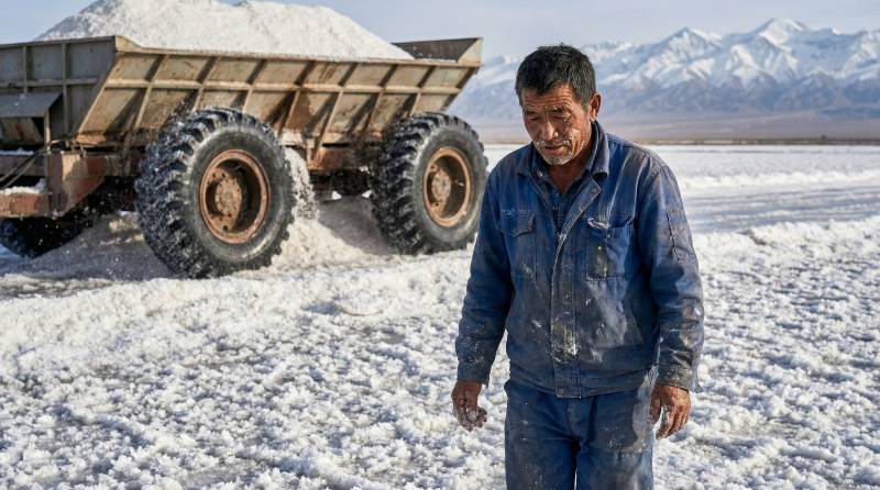 盐湖劳作的工人图片