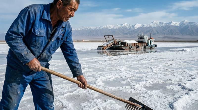 盐湖劳作景象图片