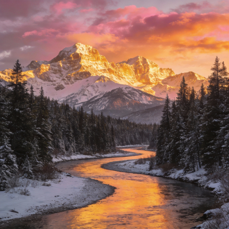 雪山映霞光图片