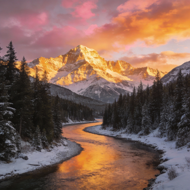 雪峰映霞河图片